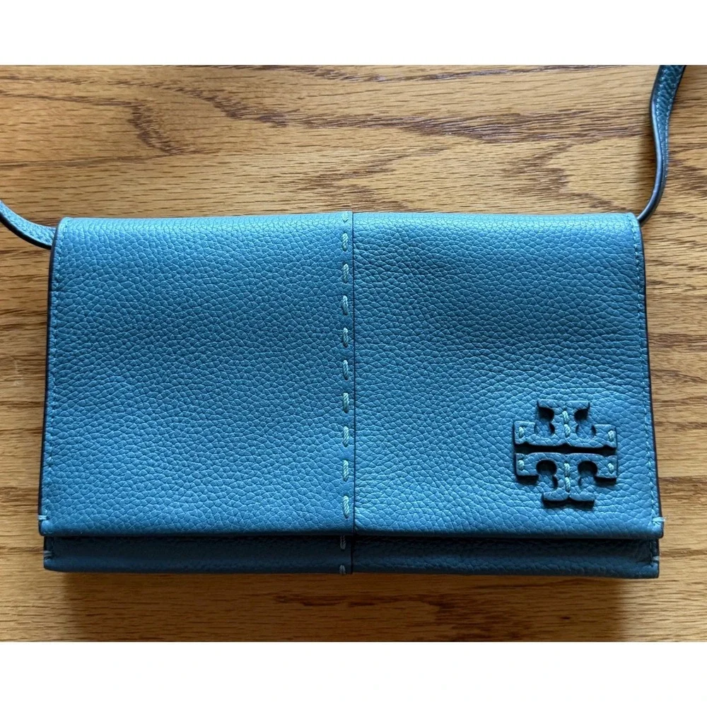 Tory Burch McGraw Wallet  Pebbled Leather Crossbody Bag Teal Blue